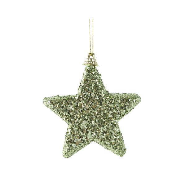 Christmas Green Glitter Star Tree Decorations | Pack of 6, Gold Hanging Cord