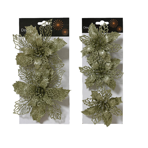 Christmas Green Glitter Plastic Poinsettia Clip | Pack of 2, Lightweight