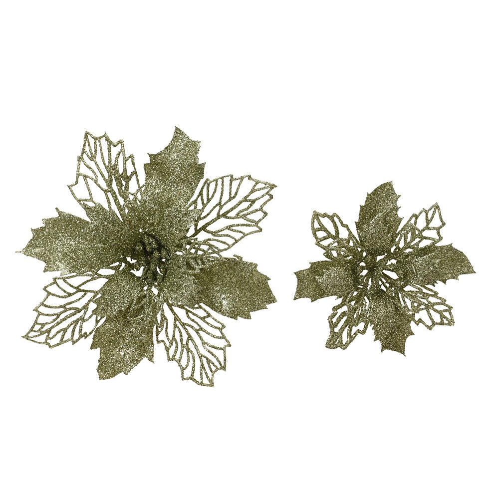 Christmas Green Glitter Plastic Poinsettia Clip | Pack of 2, Lightweight
