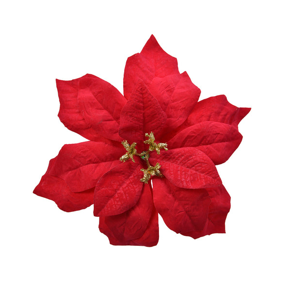 Christmas Plastic Velvet Poinsettia Decoration | Large, Glitter Gold Centre