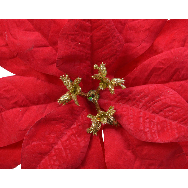 Christmas Plastic Velvet Poinsettia Decoration | Large, Glitter Gold Centre