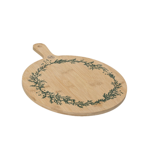 Decoris Round Bamboo Serving Board | Handle, Hanging Hole, Wreath Print