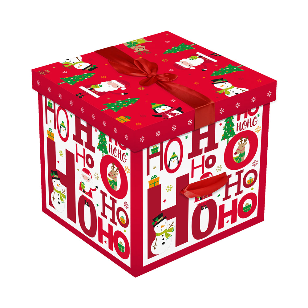 Christmas Square Flat Pack Gift Box HO HO HO | Assorted Colours, Red Satin Bow