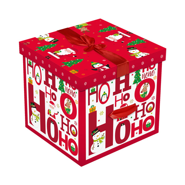 Christmas Square Flat Pack Gift Box HO HO HO | Assorted Colours, Red Satin Bow