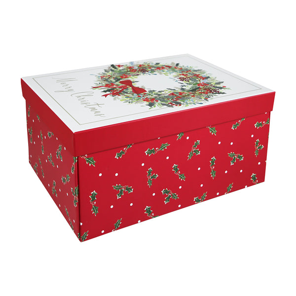 Christmas Medium Flat Pack Trunk Gift Box | Wreath Design, Red, Lift-Off Lid