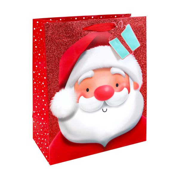 Christmas Santa Glitter Gift Bag | Large, 3D Layered Santa, Gift Tag