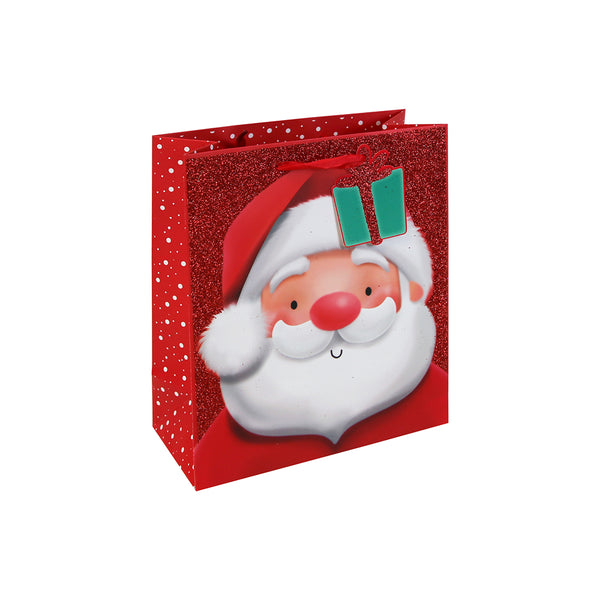 Christmas Santa Glitter Gift Bag | Medium, Glossy Finish, 3D Hat Embellishment