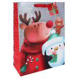 Christmas Xmas Pals Glitter Extra Large Gift Bag | Red Ribbon Handles, Gift Tag