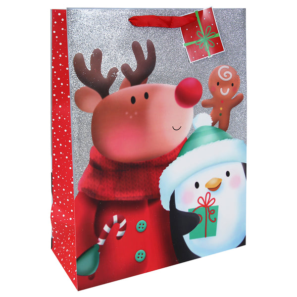 Christmas Xmas Pals Glitter Extra Large Gift Bag | Red Ribbon Handles, Gift Tag