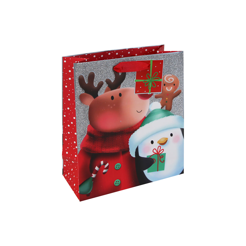 Christmas Glitter Medium Gift Bag | Reindeer and Snowman, Built-In Gift Tag
