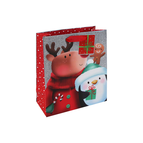 Christmas Glitter Medium Gift Bag | Reindeer and Snowman, Built-In Gift Tag