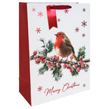 Christmas Robin White Kraft Gift Bag | Extra Large, Red Ribbon Handles