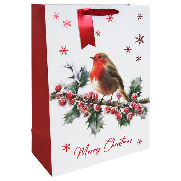 Christmas Robin White Kraft Gift Bag | Extra Large, Red Ribbon Handles