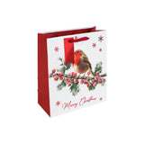 Christmas Robin White Kraft Medium Gift Bag | Red Ribbon Handles, Robin Motif
