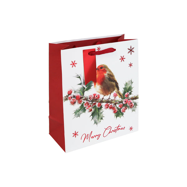 Christmas Robin White Kraft Medium Gift Bag | Red Ribbon Handles, Robin Motif