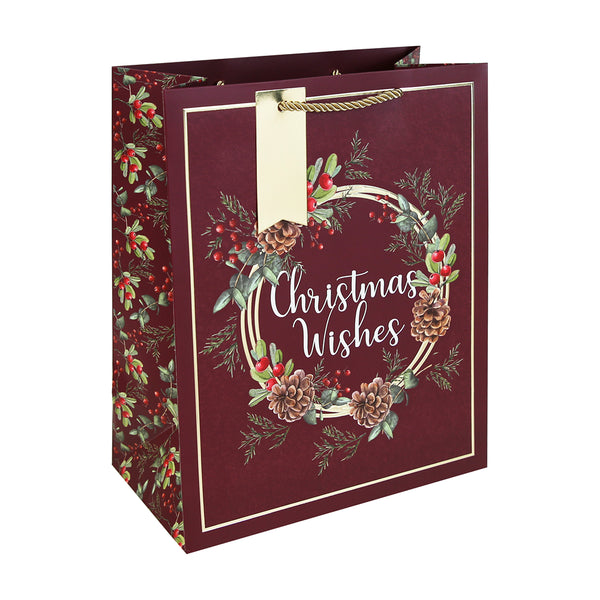 Christmas Wishes Wreath Large Gift Bag | Burgundy, Gold-Foil Border, Gift Tag