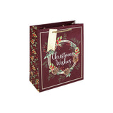Christmas Wishes Wreath Gift Bag | Medium, Burgundy, Gold Rope Handle, Gift Tag