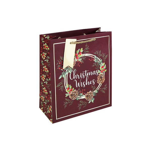 Christmas Wishes Wreath Gift Bag | Medium, Burgundy, Gold Rope Handle, Gift Tag