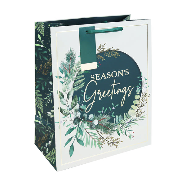Christmas Season's Greetings Large Gift Bag | Gold Foil, Ribbon Handles, Tag