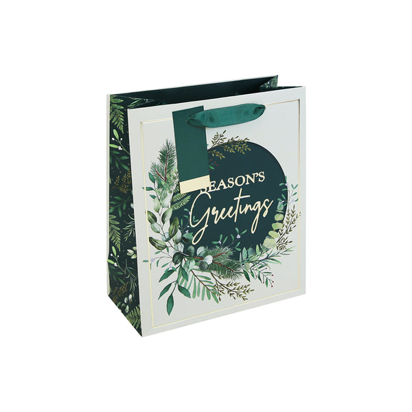 Christmas Seasons Greetings Medium Gift Bag | Gold Foil, Teal Ribbon Handle