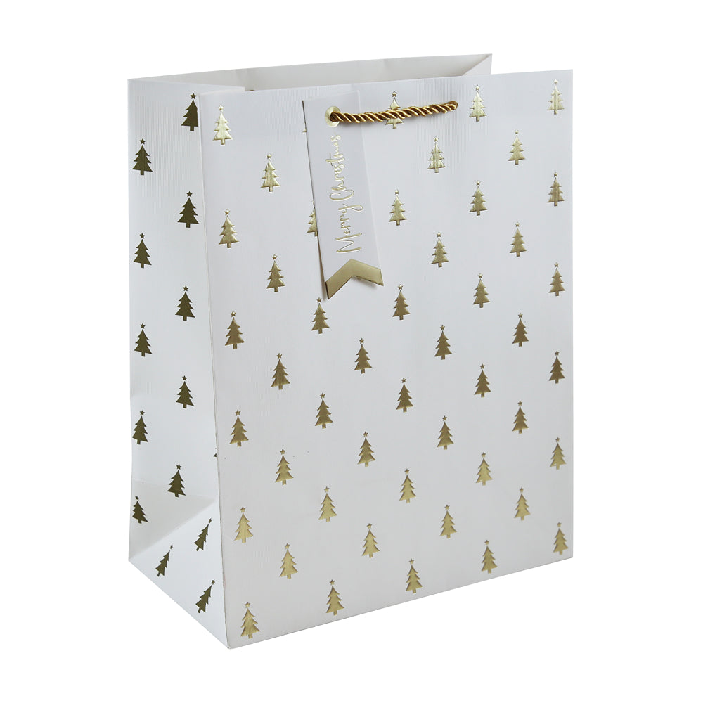 Christmas Gold Foil Tree Gift Bag Large | Rope Handles, Gift Tag, White