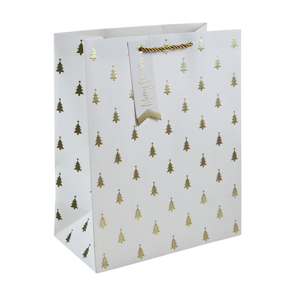 Christmas Gold Foil Tree Gift Bag Large | Rope Handles, Gift Tag, White