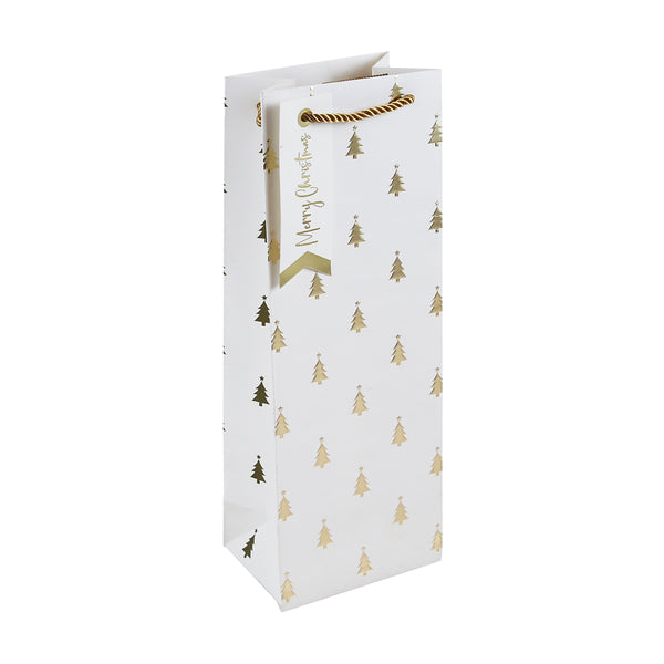 Christmas Gold Embossed Tree Bottle Bag | Gold Foil, Rope Handles, Gift Tag