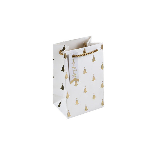 Christmas Gold Embossed Tree Perfume Bag | Braided Rope Handles, Gift Tag