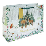 Christmas White Kraft Gift Bag | Extra Large, Woodland Deer, Gold Gift Tag