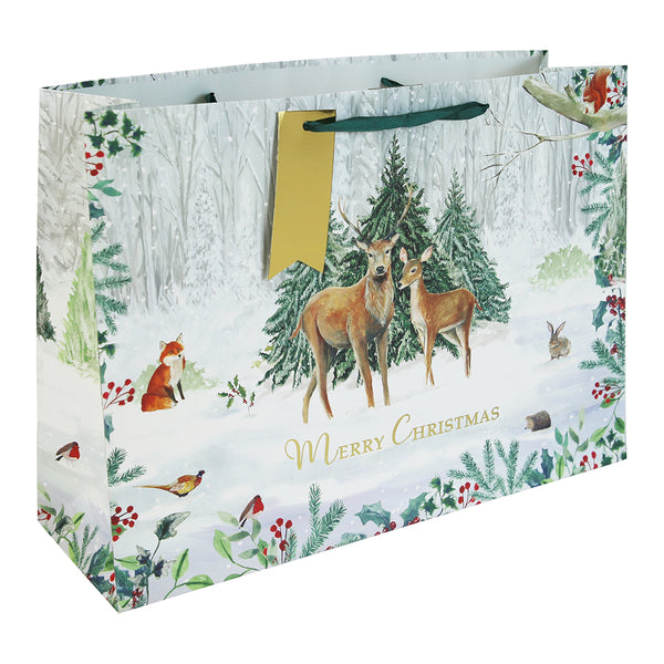 Christmas White Kraft Gift Bag | Extra Large, Woodland Deer, Gold Gift Tag