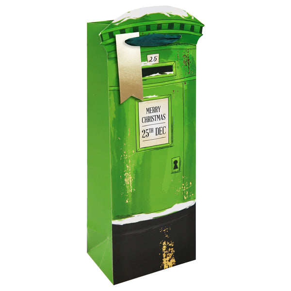 Christmas Green Postbox Bottle Gift Bag | Faux Snow Lid, Carry Handle