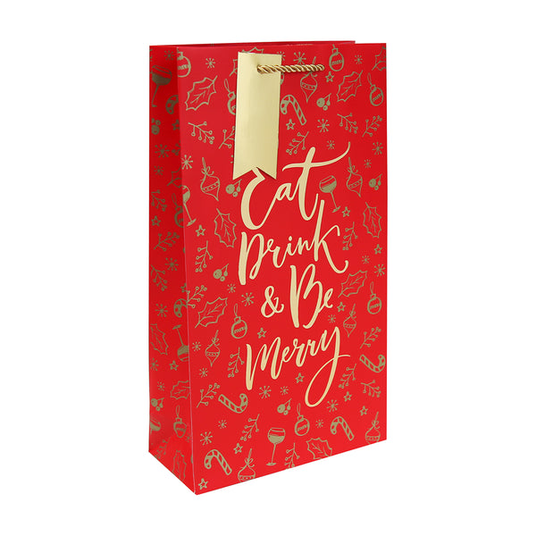 Christmas Be Merry Double Bottle Gift Bag | Gold Script, Assorted Designs
