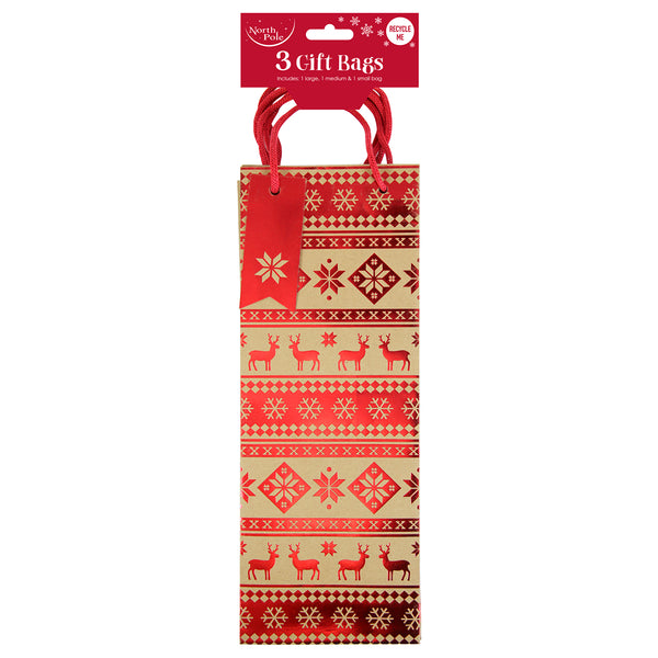 Christmas Assorted Brown Kraft Bottle Gift Bags | Pack of 3, Red Rope Handles