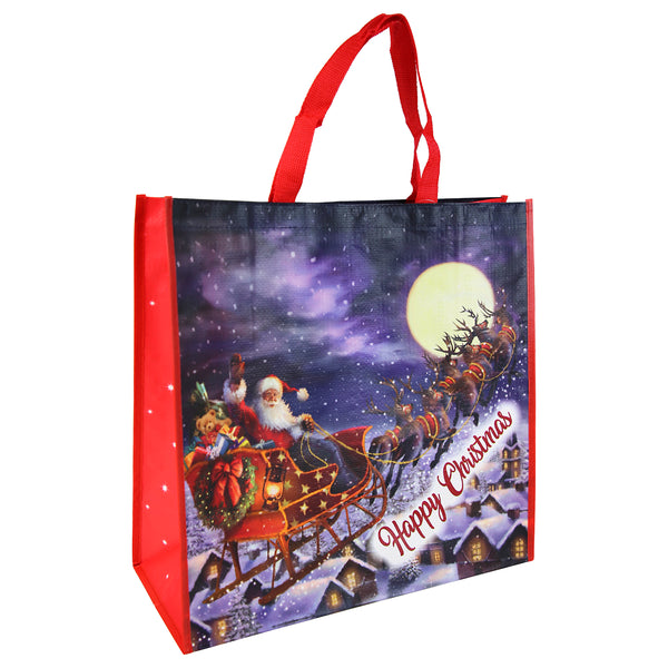 Christmas Flying Santa Jumbo Square PP Woven Gift Bag | Reusable, Red Handles