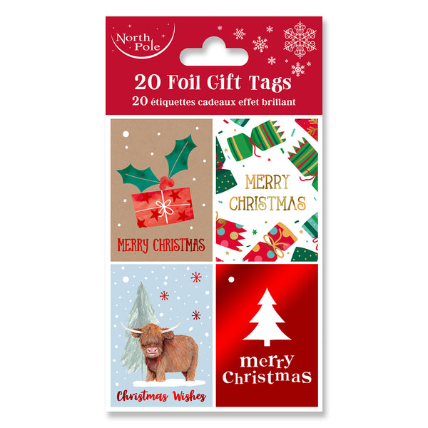 Christmas Foil Gift Tags Pack of 20 | 4 Designs, Kraft, White, Blue, Red