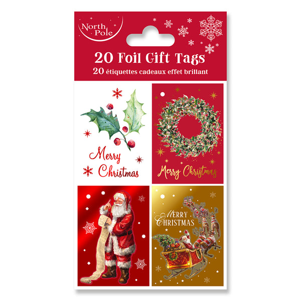 Christmas Traditional Foil Gift Tags | Pack of 20, Assorted Designs and Colours