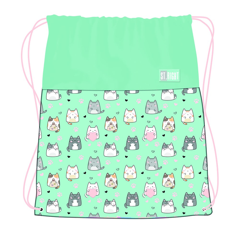 St. Right Charming Cats Drawstring Shoe Bag | Mint Green, Pink, and White