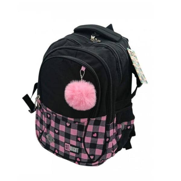 St. Right Pink Checkered Backpack | 17" | Water-Resistant with Multiple Compartments