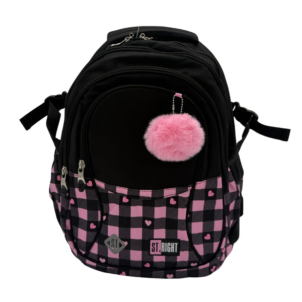 St. Right Pink Checkered Backpack | 17" | Water-Resistant with Multiple Compartments