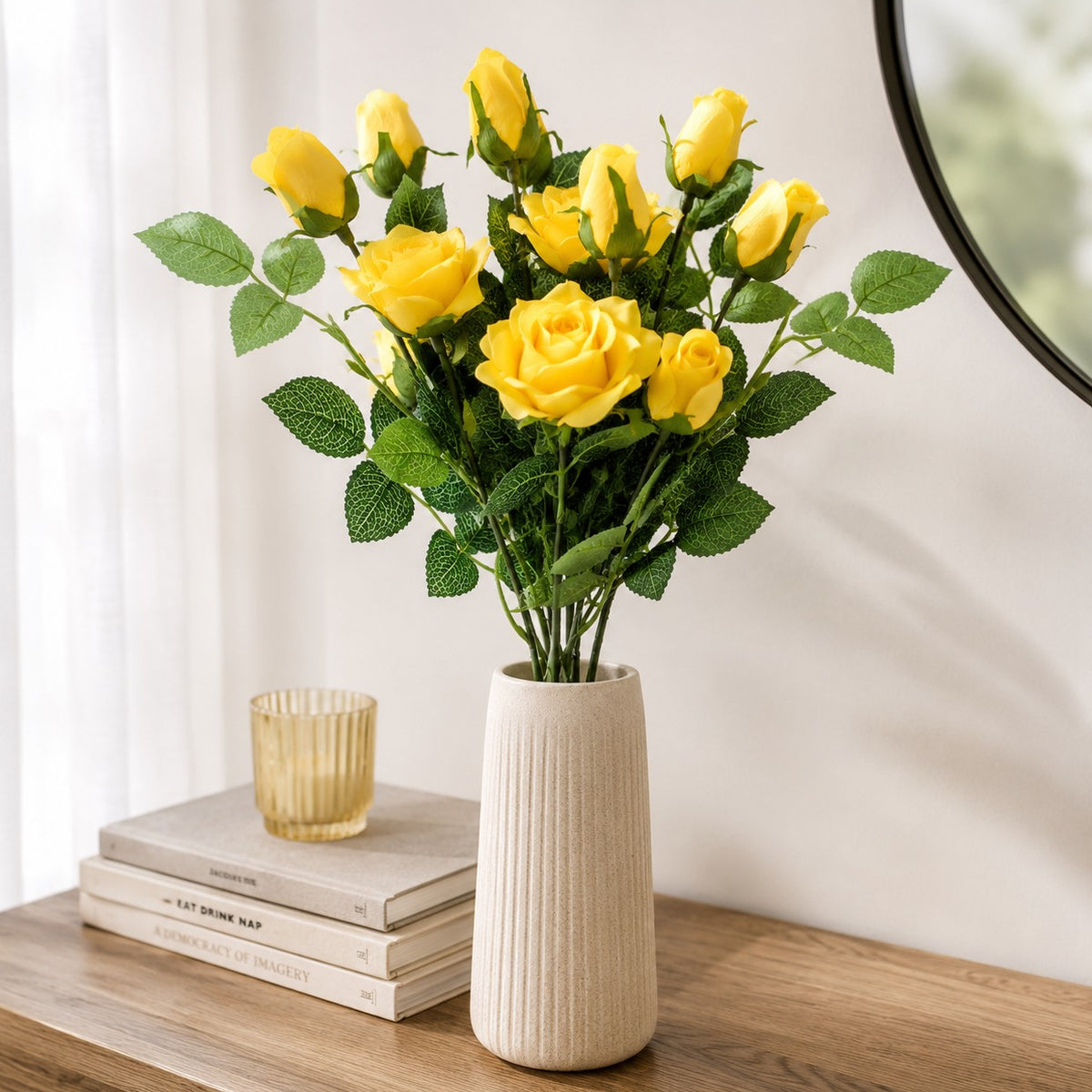 Yellow Rose Long Stem Artificial Flower Bunch | 52cm, Green Foliage