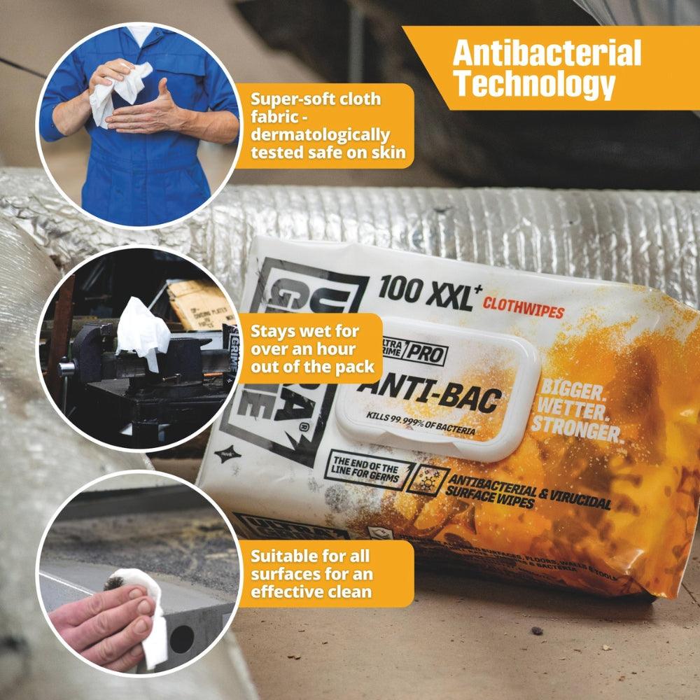 Ultragrime Extra-Large Antibacterial Clothwipes | XXL Pro Antibac Pack of 100