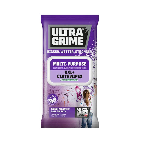 Ultragrime XXL+ Multi-Purpose Cloth Wipes | 100% Biodegradable, Pomelo Scented | Pack of 40