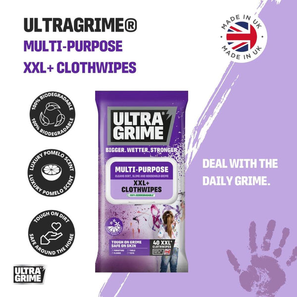 Ultragrime XXL+ Multi-Purpose Cloth Wipes | 100% Biodegradable, Pomelo Scented | Pack of 40