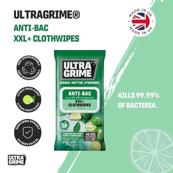 Ultragrime XXL+ Antibacterial Clothwipes | 100% Biodegradable | Pack of 40