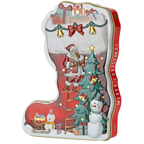 Christmas Praline Santa Stocking Tin | Metal, Red and Gold, Embossed
