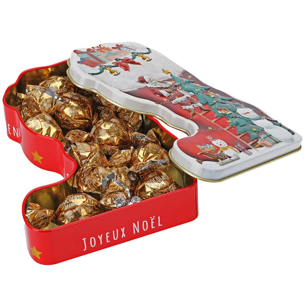 Christmas Praline Santa Stocking Tin | Metal, Red and Gold, Embossed
