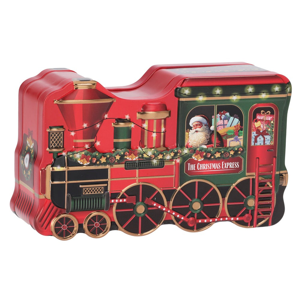 Christmas Train Shaped Storage Tin | Red and Green, Embossed, Santa Artwork