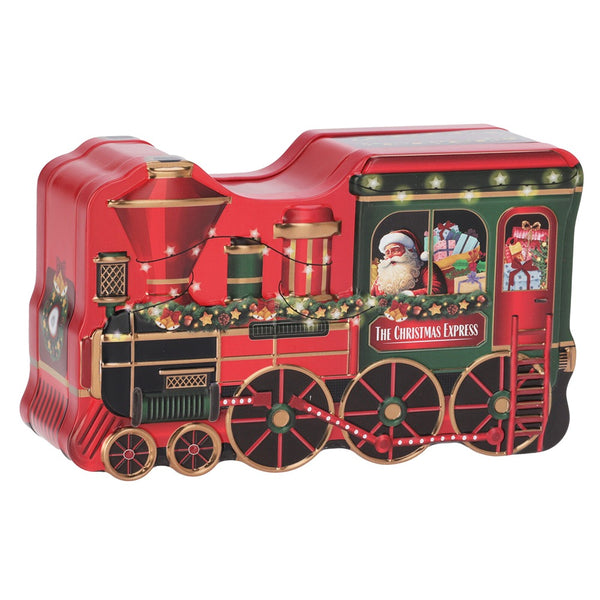 Christmas Train Shaped Storage Tin | Red and Green, Embossed, Santa Artwork