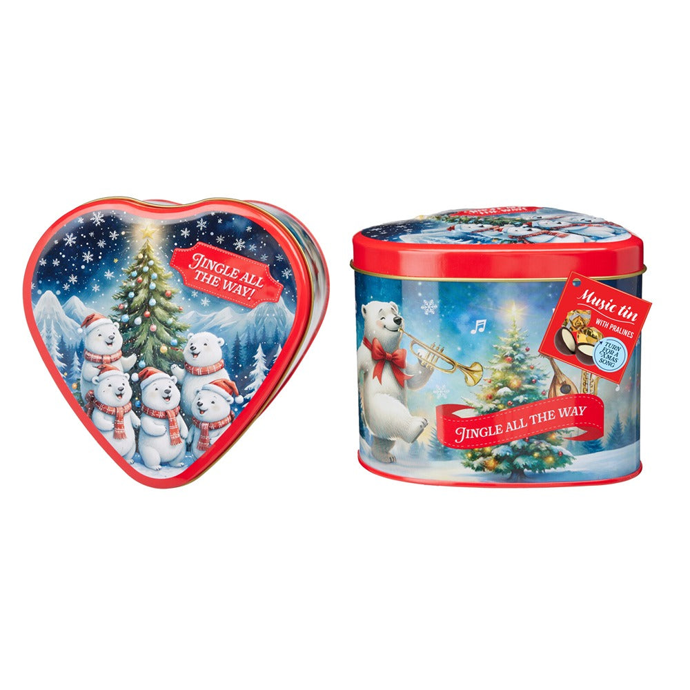 Christmas Heart-Shaped Music Box Tin | 126 g, Plays Jingle All The Way, Pralines