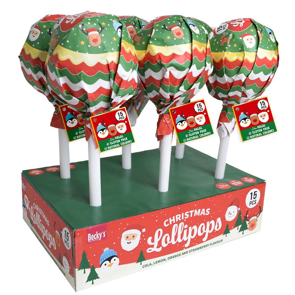 Christmas Assorted Lollipops | Pack of 15, 135g, Cola, Lemon, Orange, Strawberry